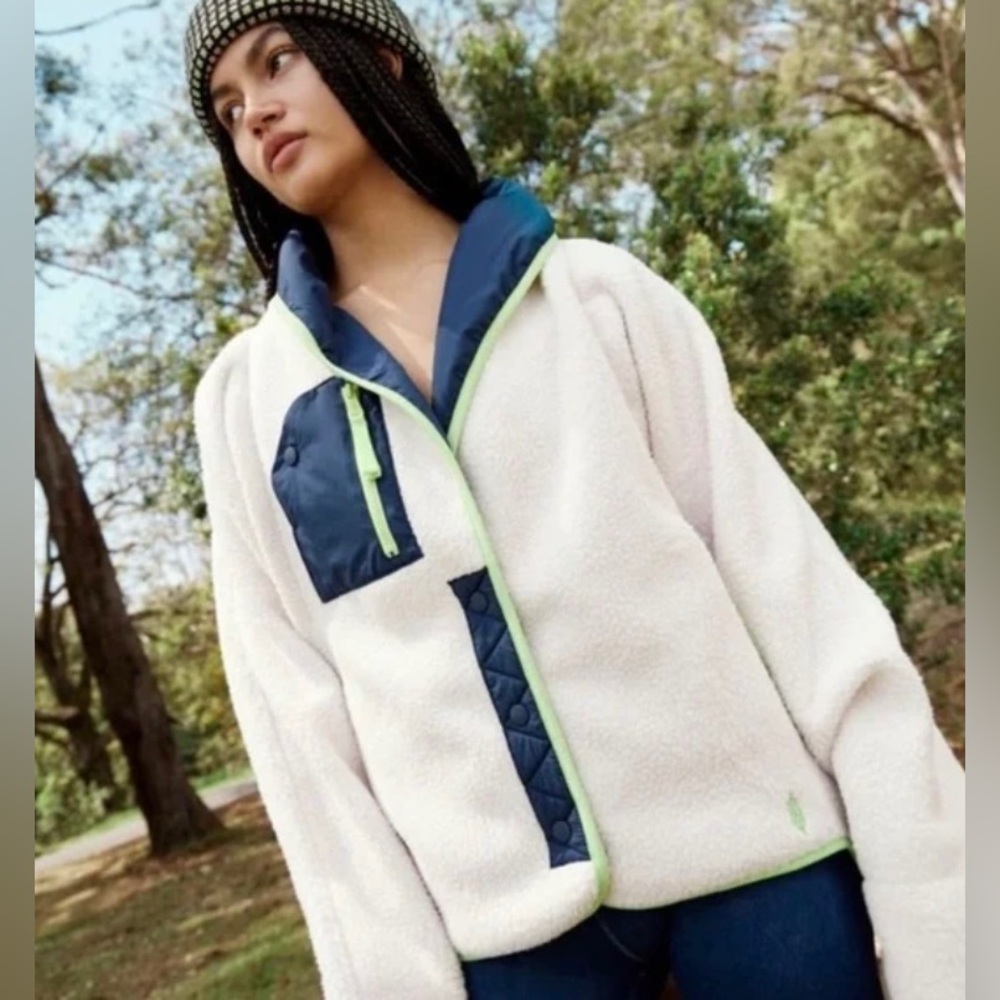 FP Movement by Free People Cream and Navy Sherpa Jacket with Lime Trim